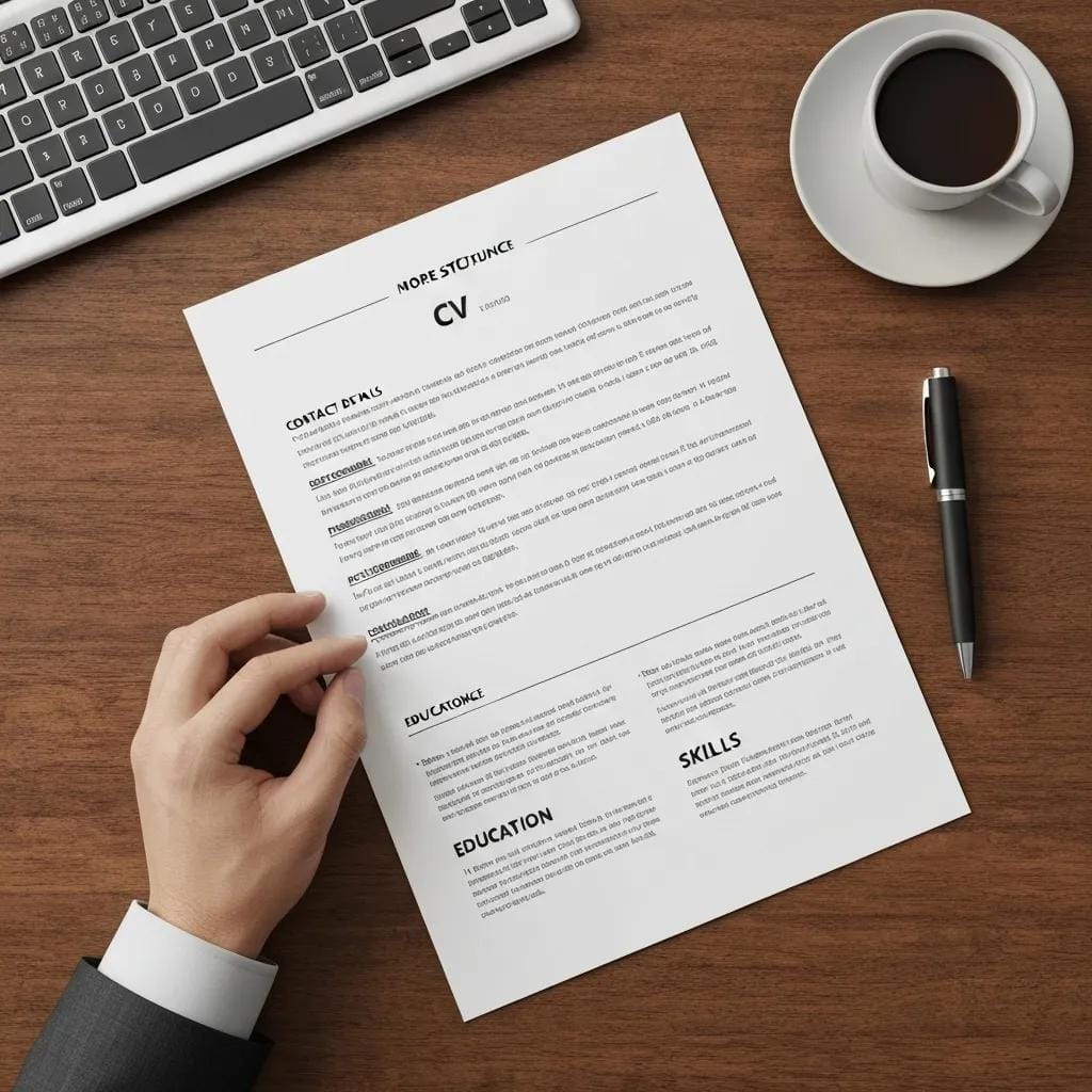 A clean, well-organised CV layout demonstrating the reverse-chronological format on a professional desk