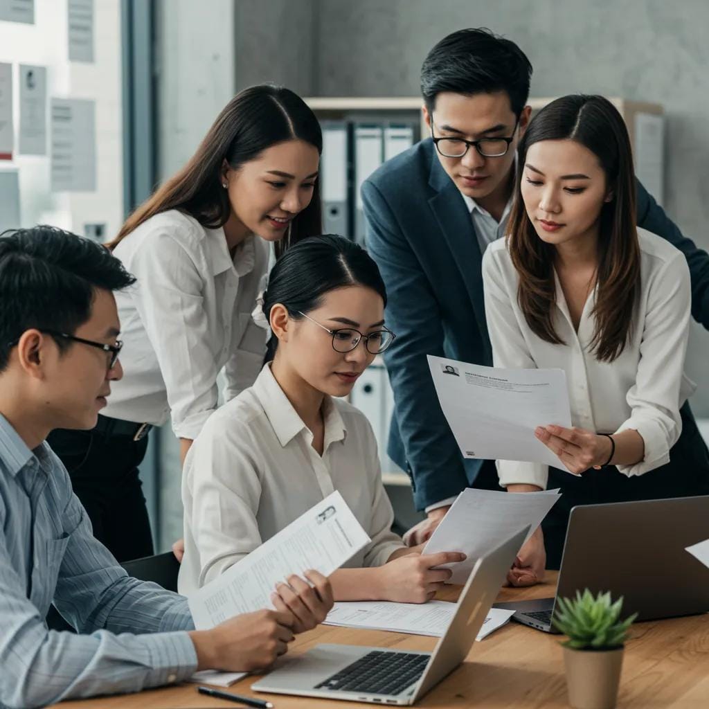Diverse job seekers collaborating on resume writing in a modern office setting