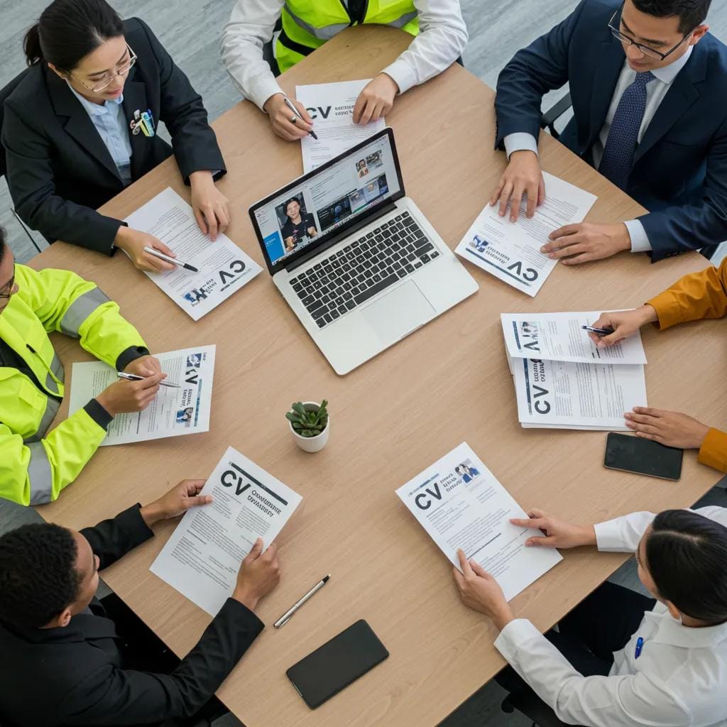 Diverse professionals collaborating on CV strategies in a meeting, highlighting industry-specific advice
