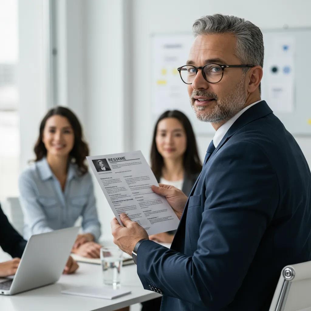 Mid-career professional presenting a resume during a job interview