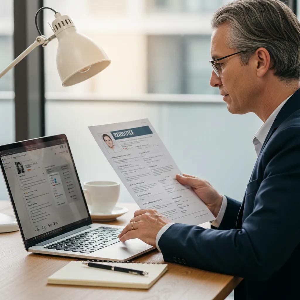 Mid-career professional reviewing a resume in a modern office setting
