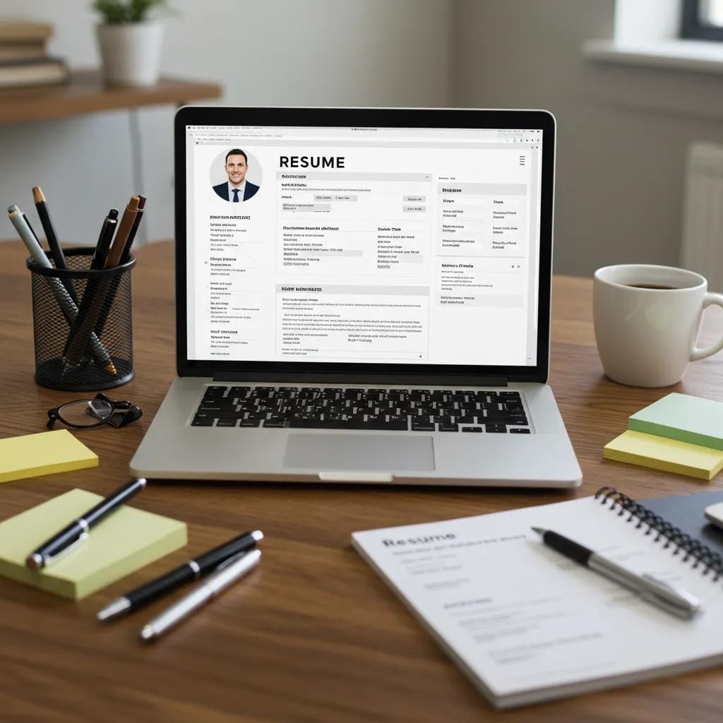 Workspace with a laptop displaying a resume template, emphasizing professional resume writing services