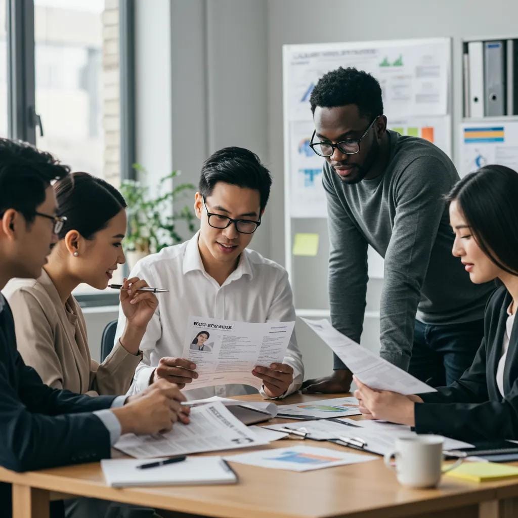 Diverse job seekers collaborating in a modern office, focusing on professional resume services