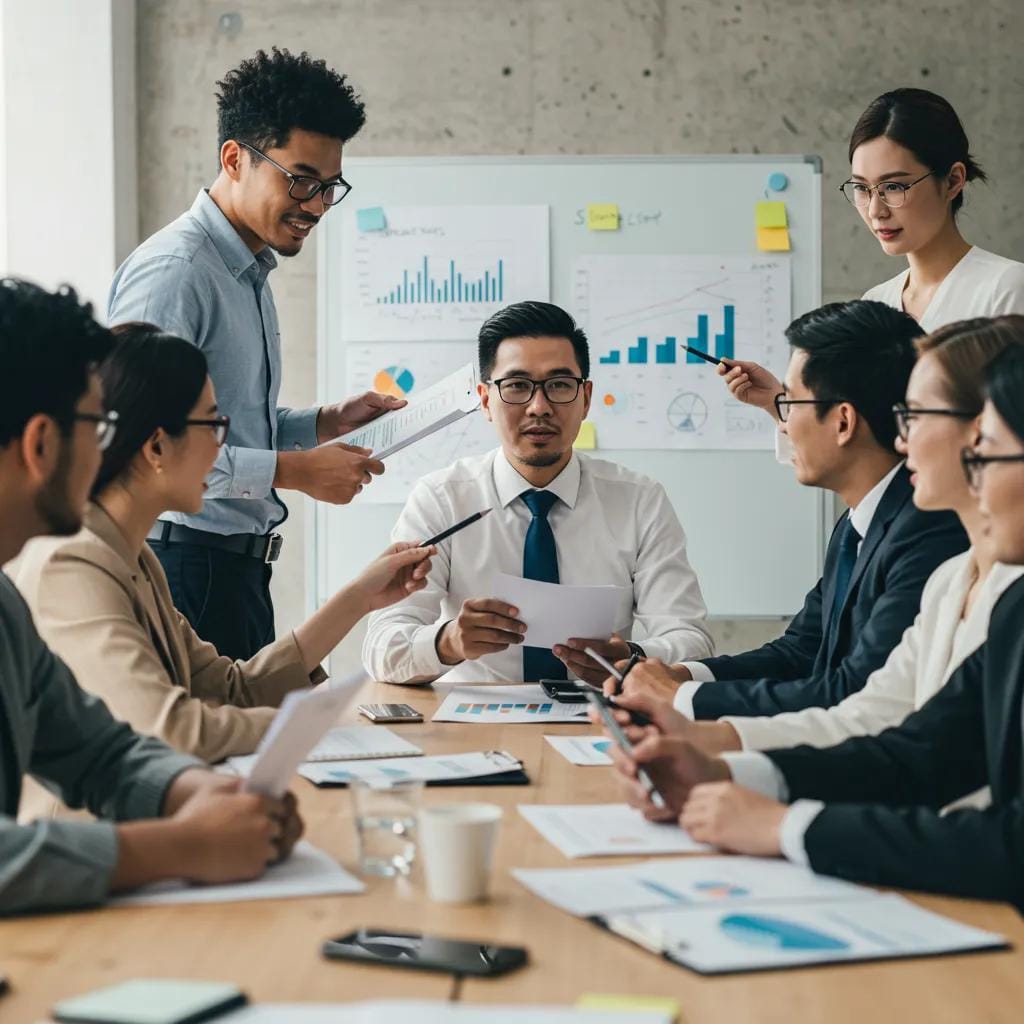 A group of diverse professionals collaborating in a modern meeting room, discussing leadership strategies