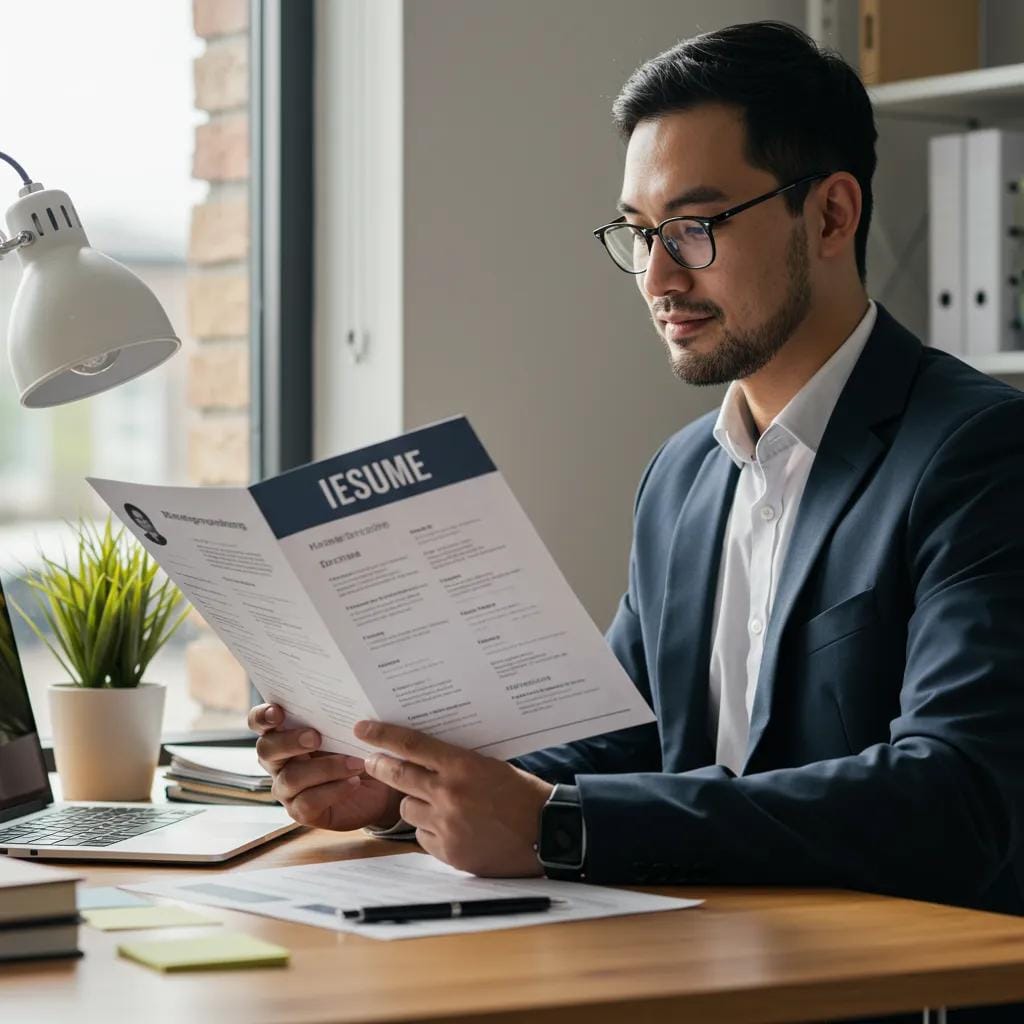 Executive reviewing a professional resume in a modern office setting
