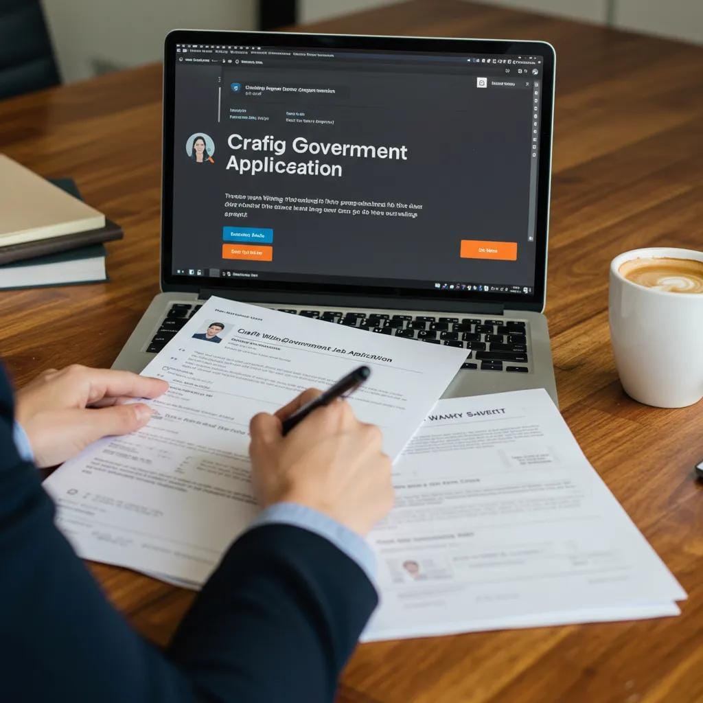 Person writing a job application at a desk with a laptop and notepad
