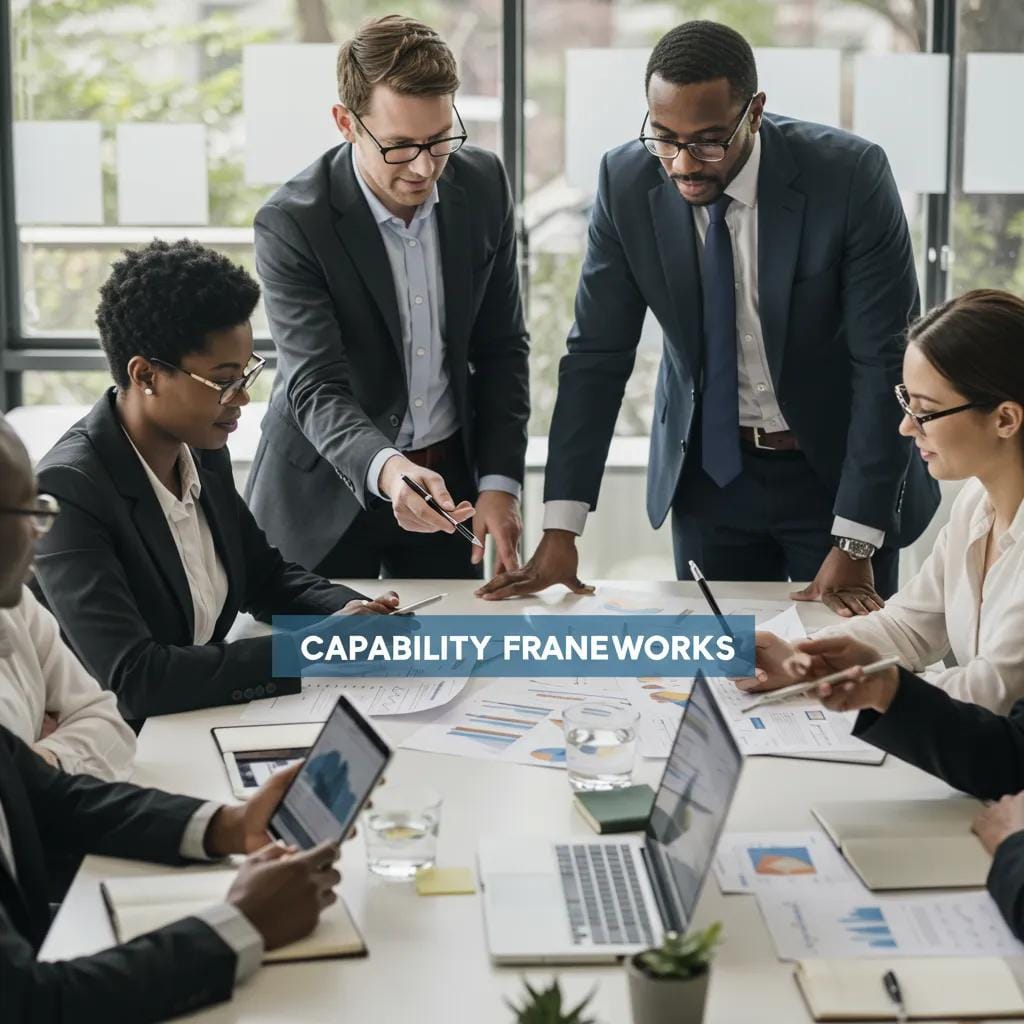 A group of professionals in a modern office discussing and analysing capability frameworks